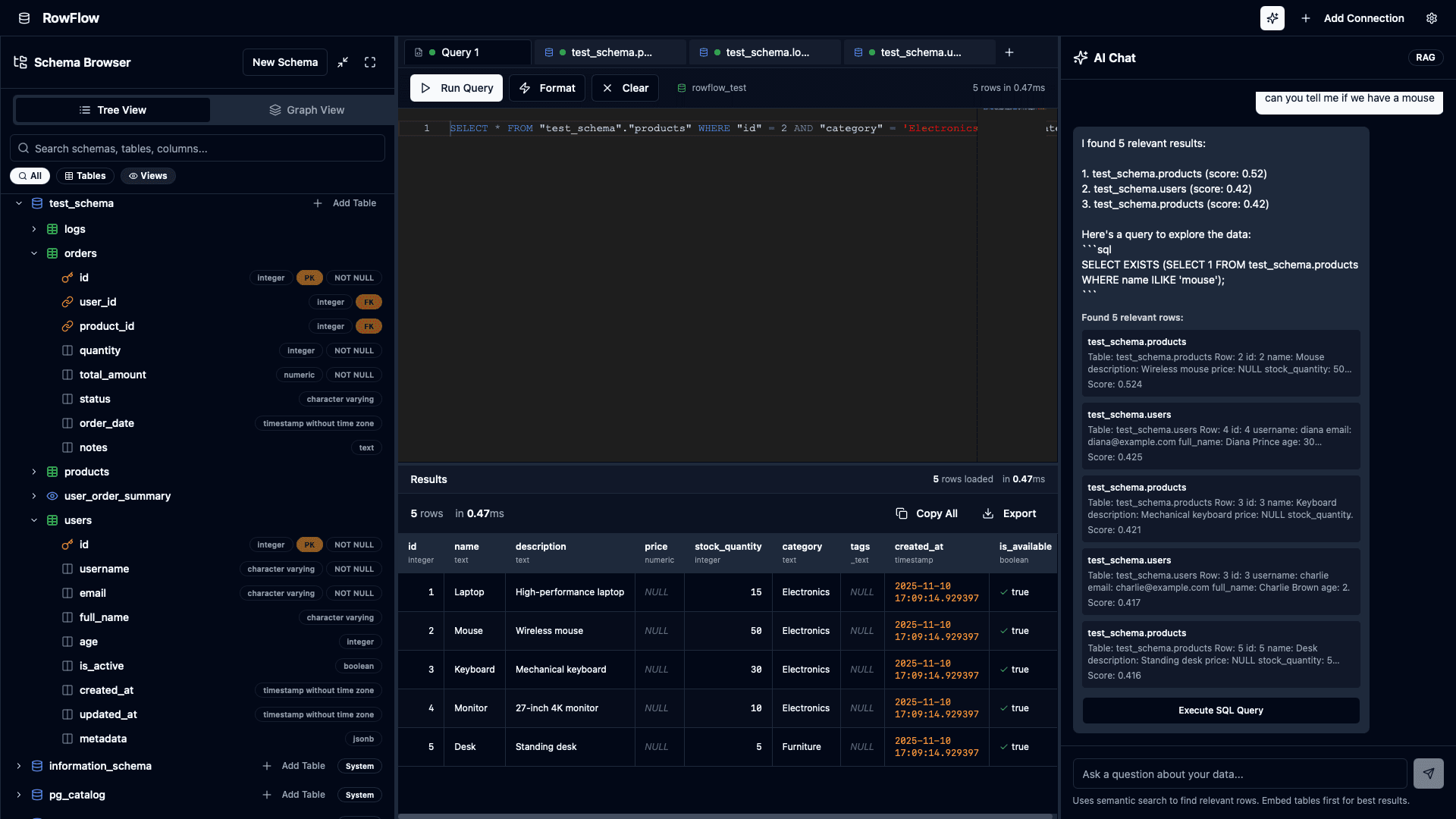 AI Chat interface with semantic search capabilities for database queries