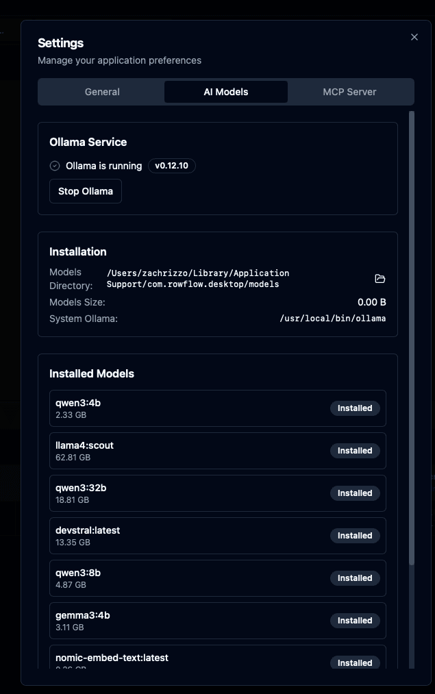 AI Models settings showing Ollama service and installed models