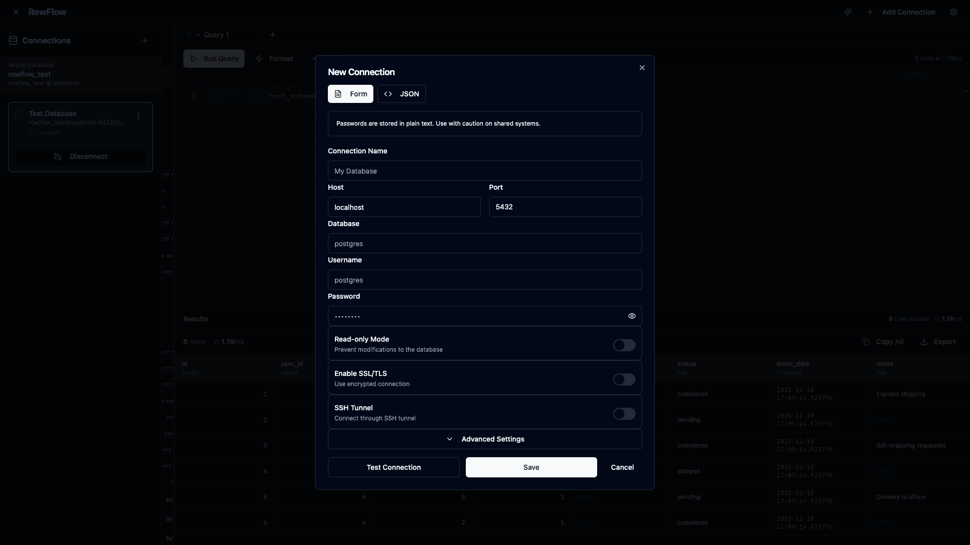 New Connection form showing connection settings and security options