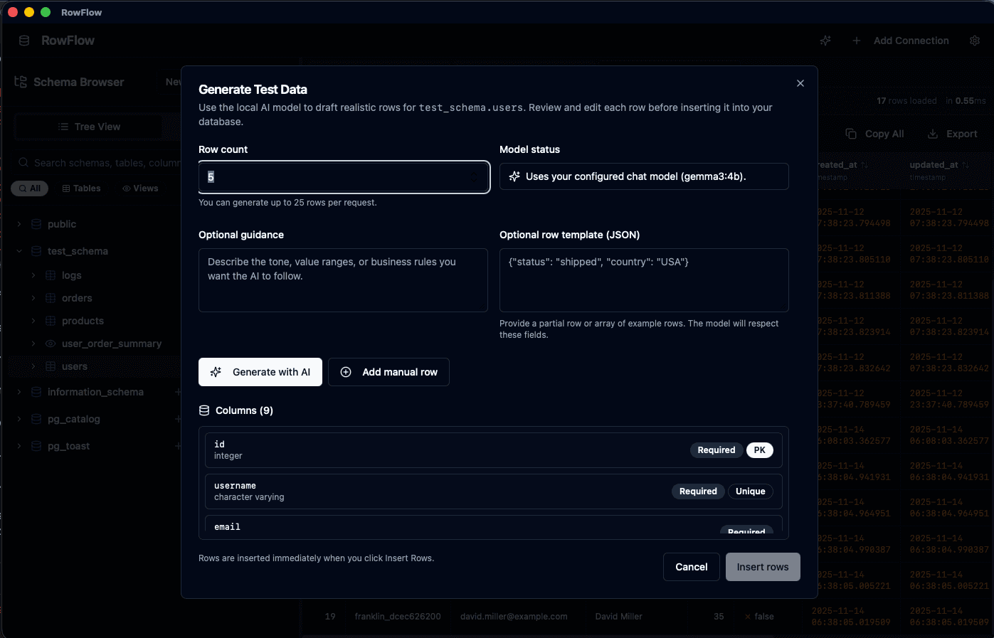 Generate Test Data dialog showing AI options and unique column badges