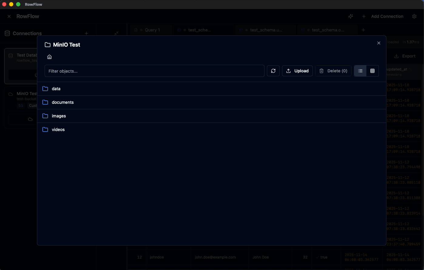 MinIO bucket browser showing folder structure and object management interface