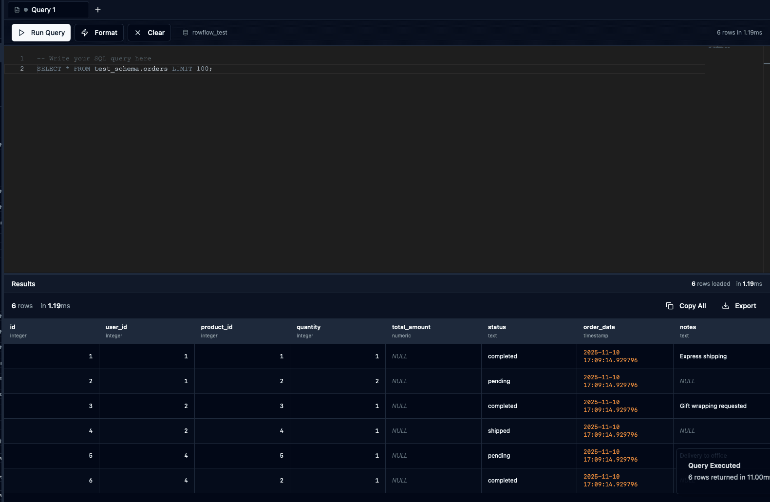 Query Editor with SQL syntax highlighting and results display