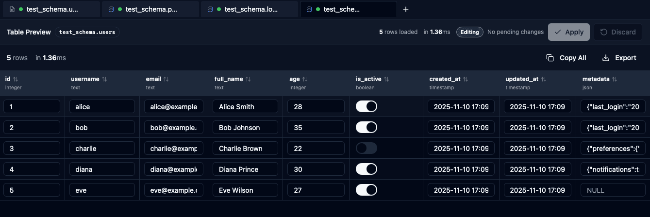 Table preview with inline editing capabilities and JSON sidebar