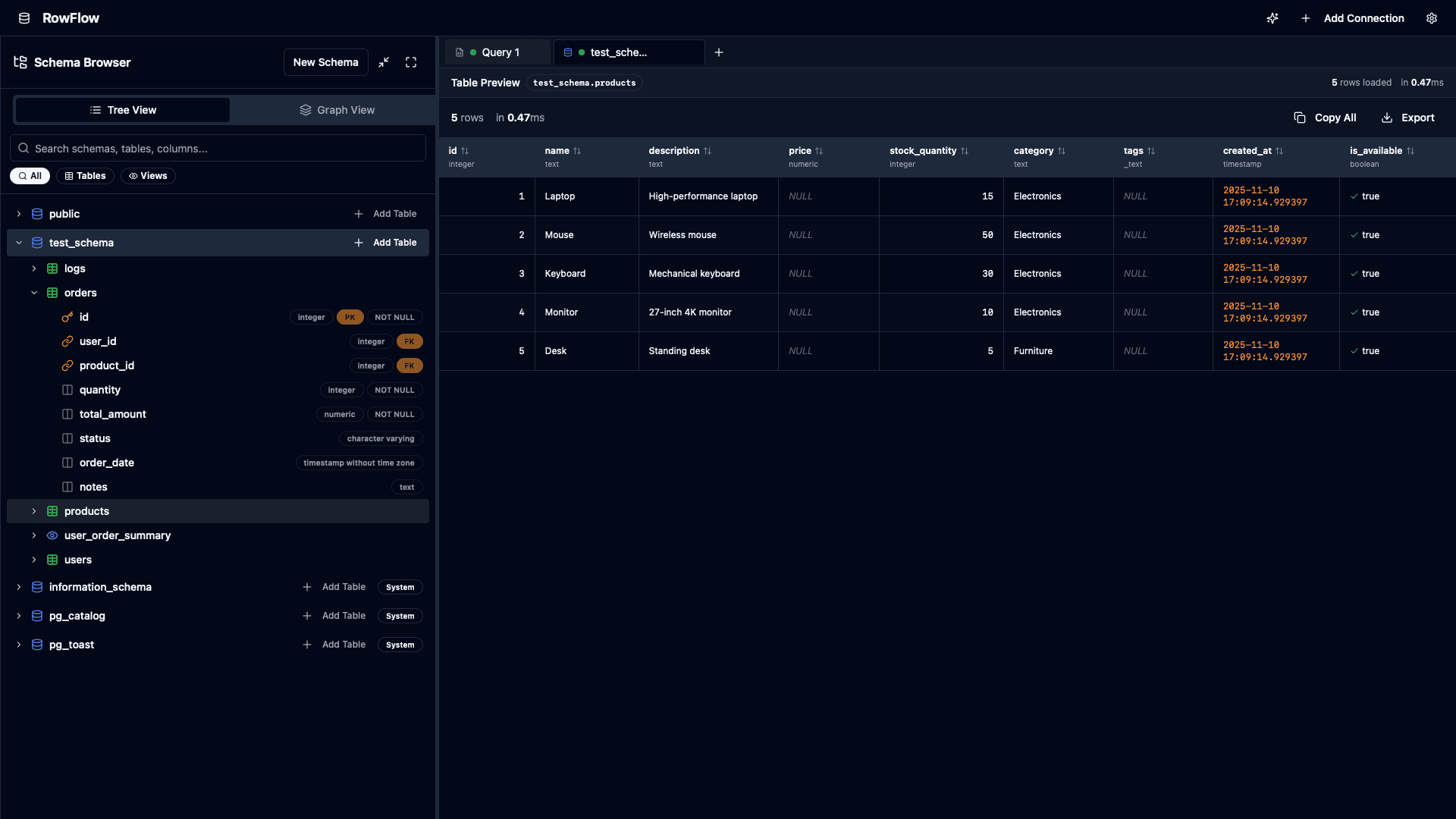 RowFlow application showing Schema Browser and Table Preview